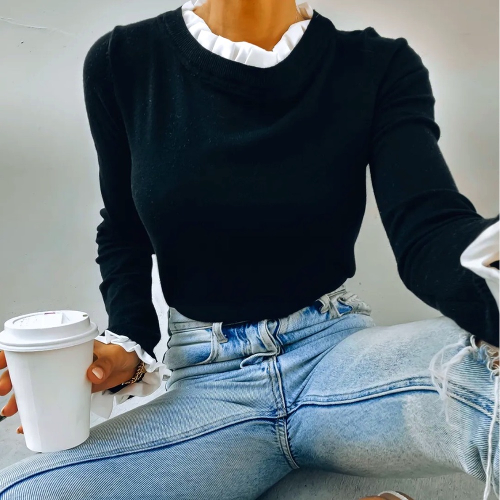 VICI France Contrast Ruffle Sweater Top